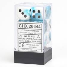 Gemini Teal-White/Black d6 16mm 12 dice - Dice